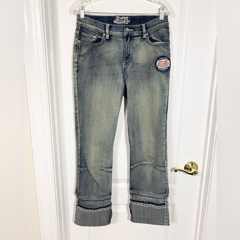 Y2K VTG Pepsi Cola Patch Graphic Roll Tab Jeans Size Junior 11